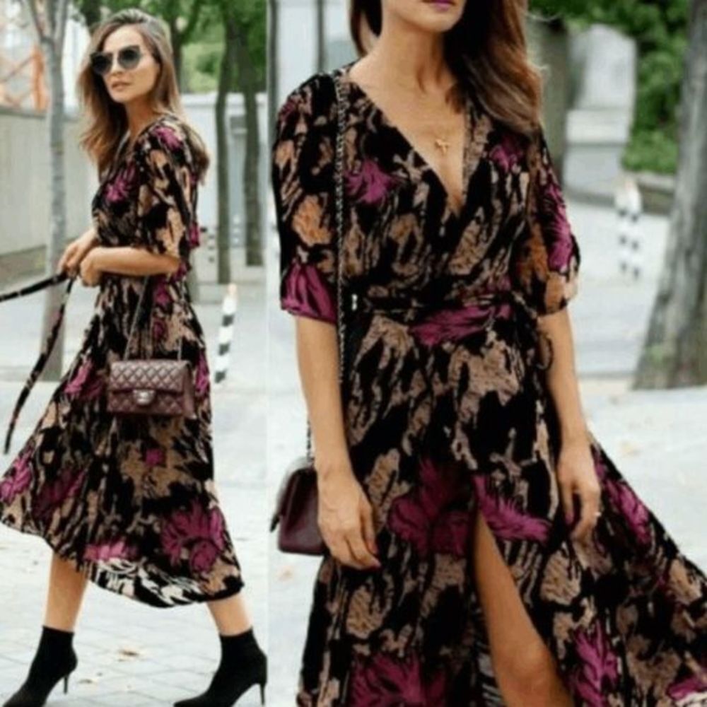 NWOT ZARA Women Devore Burnout Velvet Wrap Midi Floral Dress